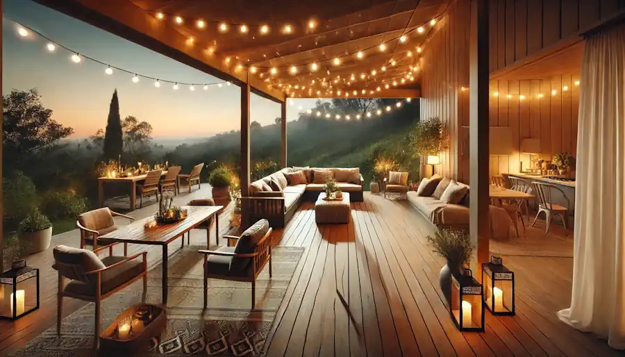 Deck with String Lights and Lanterns